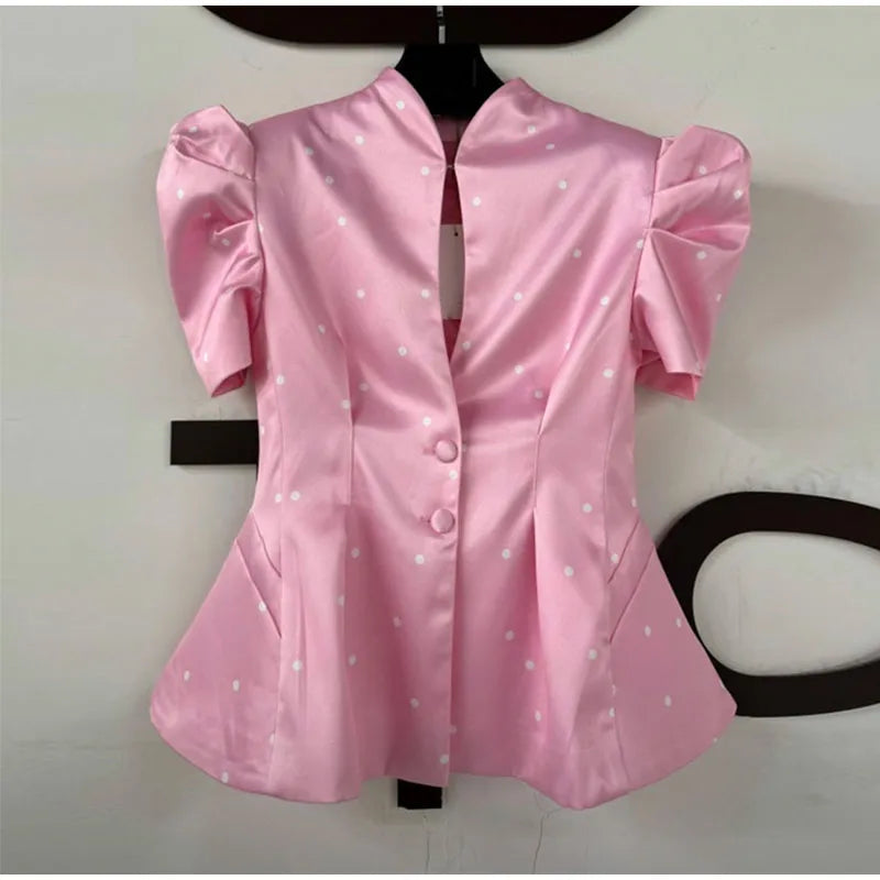 Elegant Printed Puff Sleeve Stand Collar Shirt for Women
