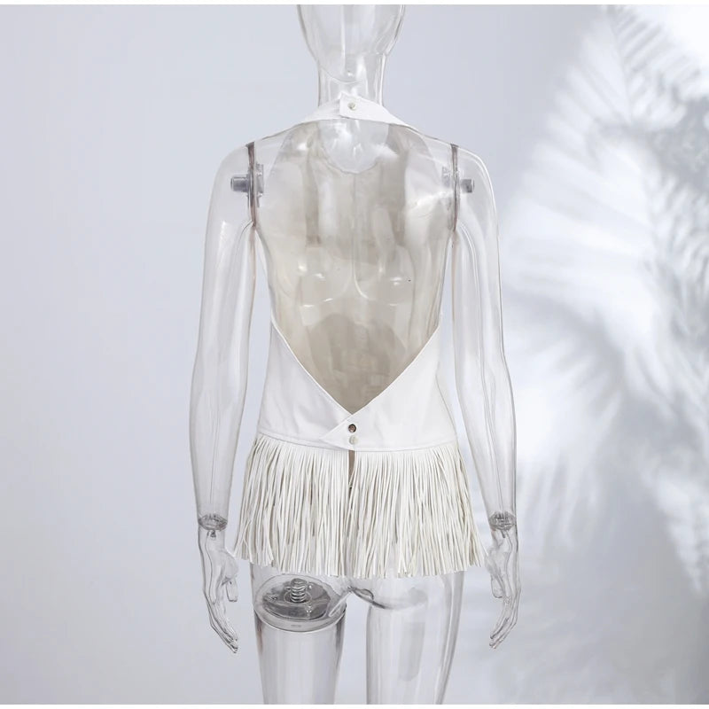 Faux Leather Patchwork Fringe Halter Top for Women