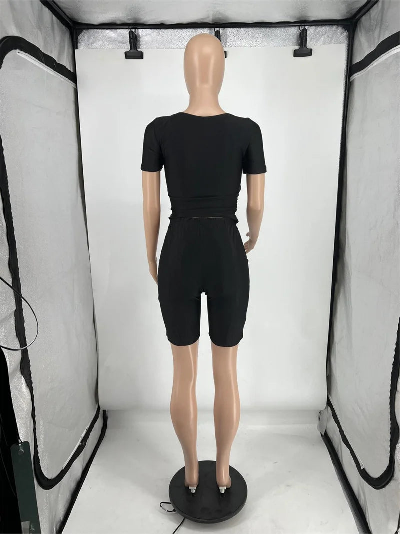 Black Red 2 Piece Set Women Outfit Party Night Club Ruched Stretchy V-neck Short Sleeve Top and Shorts New in Matching Sets