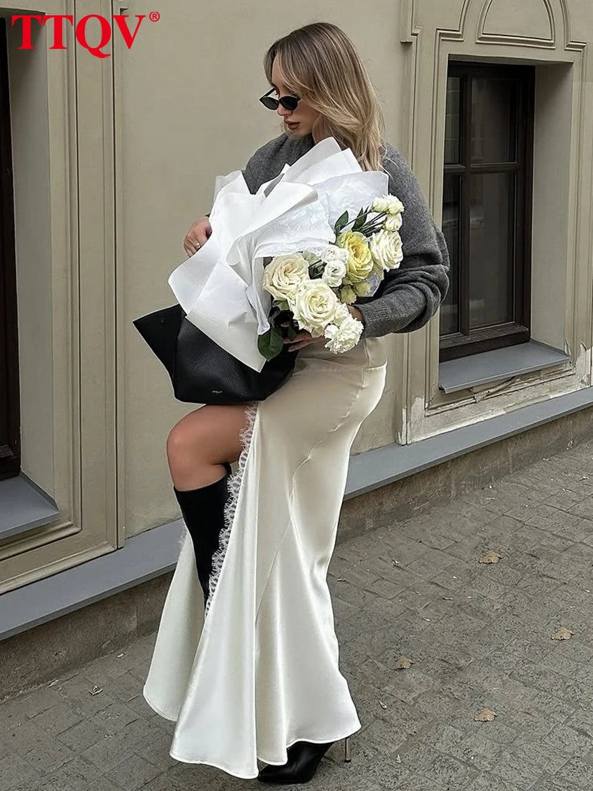Elegant High Waist Floor Length Satin Skirt for Women