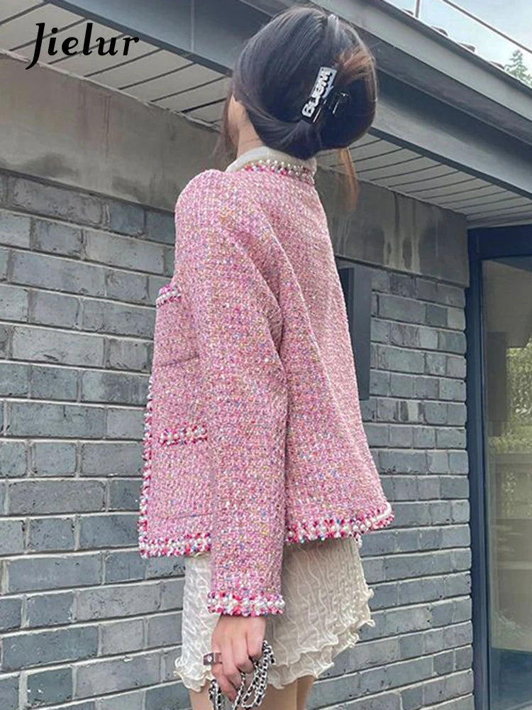 Elegant Pink Long Sleeve Jacket With Pockets for Women