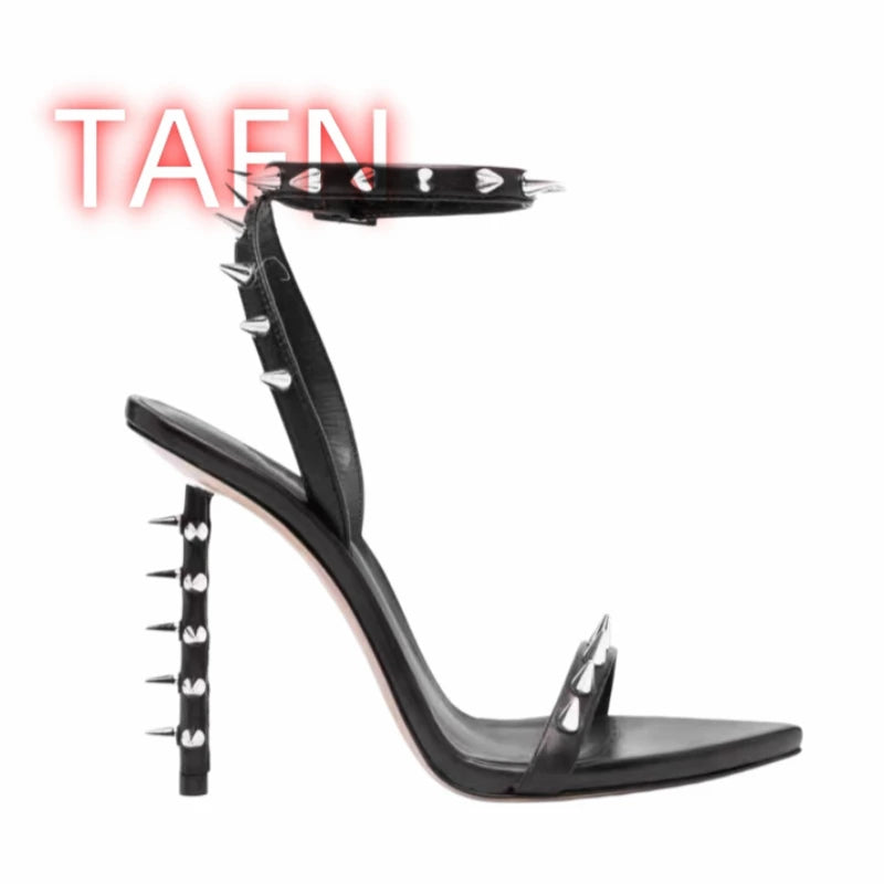 Metallic Spiked Rivets Open Toe Ankle Strap Stiletto Sandals for Women
