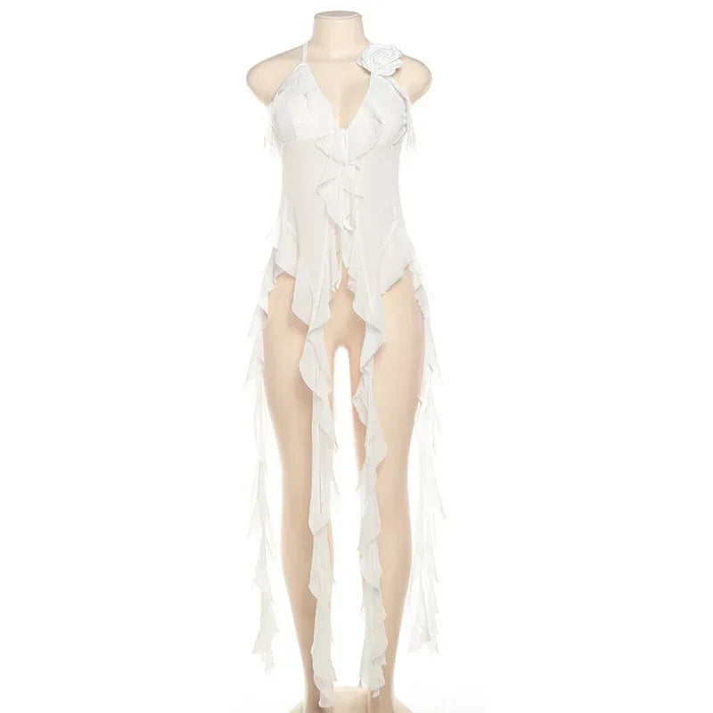 Y2K Sheer Mesh Spaghetti Strap Camisole Top White Ruffle Fringe Halter Tops Coquette Fairy Core Clothes 2024 Fashion