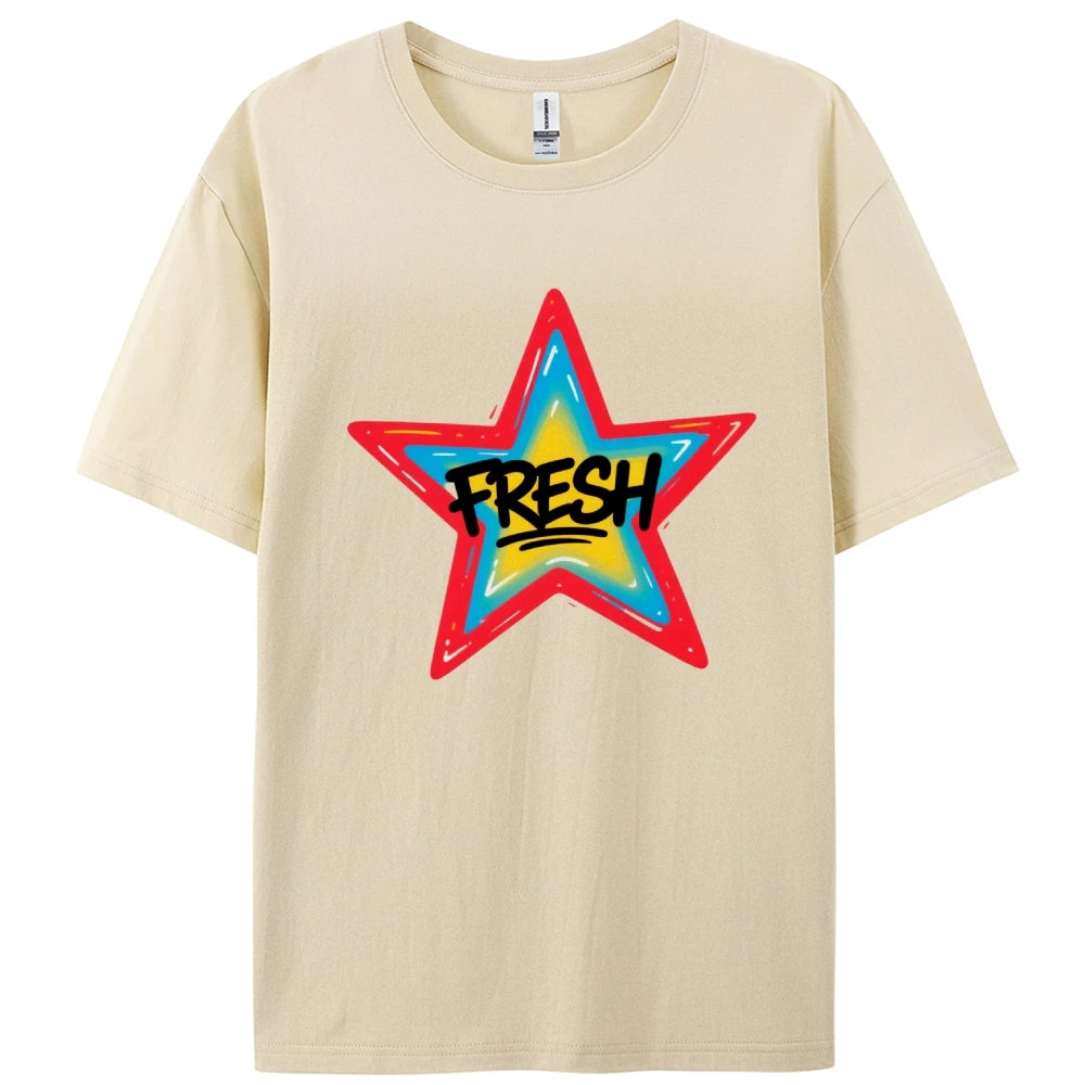Graffiti Style FRESH Colorful Star Graphic Tee Casual White T-Shirt with Vibrant Gradient Star Design for Trendy Urban Fashion