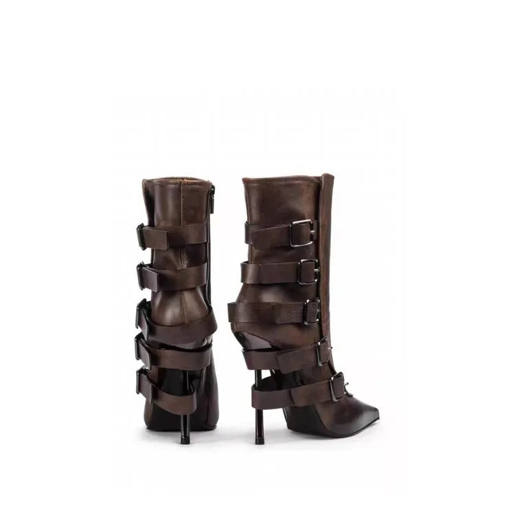 Western Style Pointed Toe Ankle Boots With Thin Heels And Buckles for Women