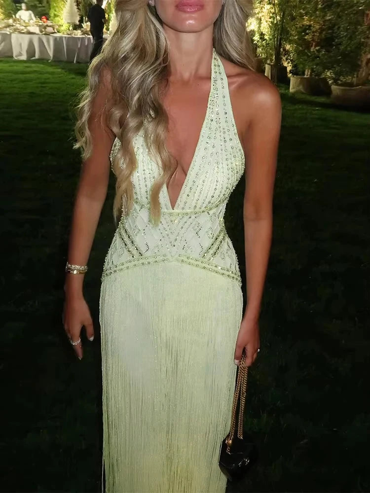 Women Sexy Backless Hollow Sequin Gowns 2026 Elegant Halter Sleeveless Long Dress Fashion Tassel Splicing Waist Slim Party Dress