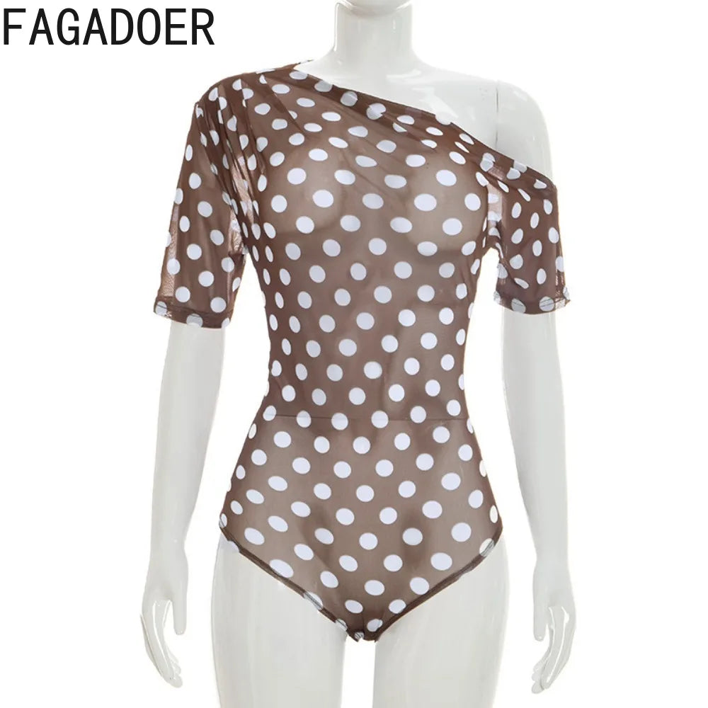 Off Shoulder Polka Dot Mesh See Through Two Piece Set for Women