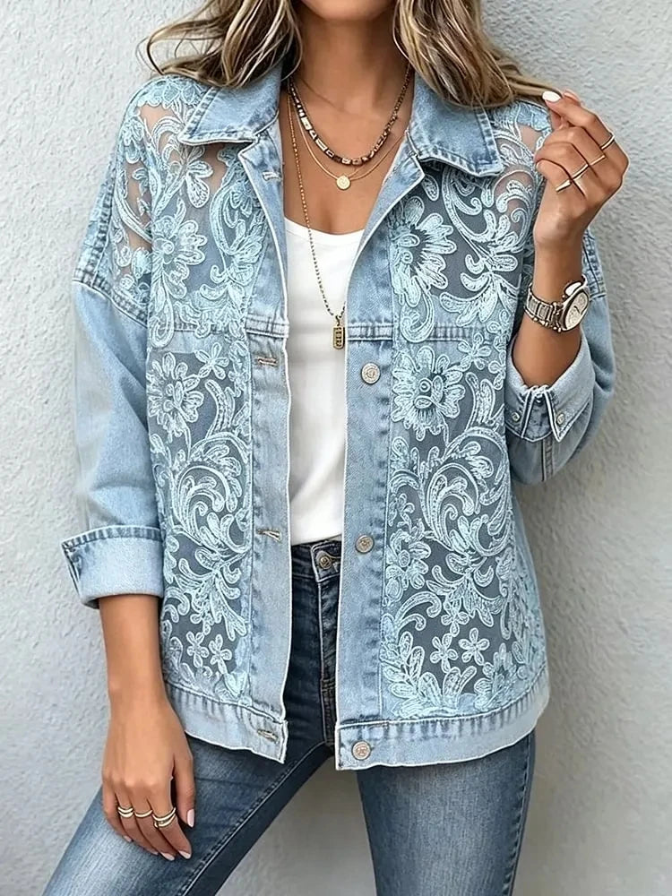 Contemporary Lace Spliced Casual Denim Jacket For Women