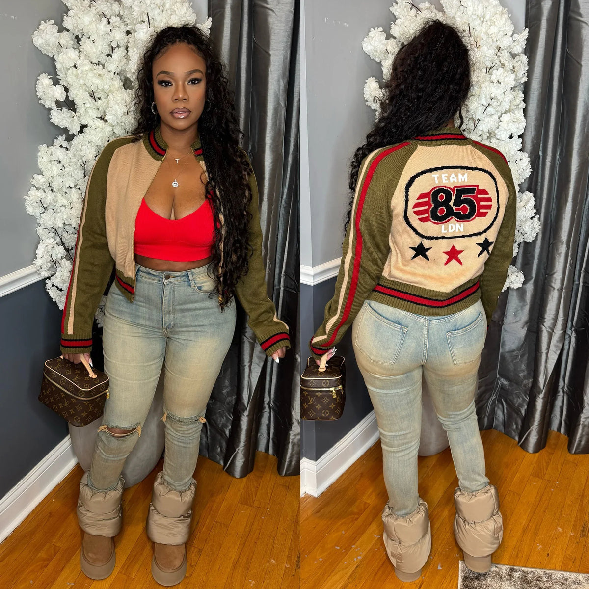 Warm Knitted Cropped Varsity Sweater Jacket for Women