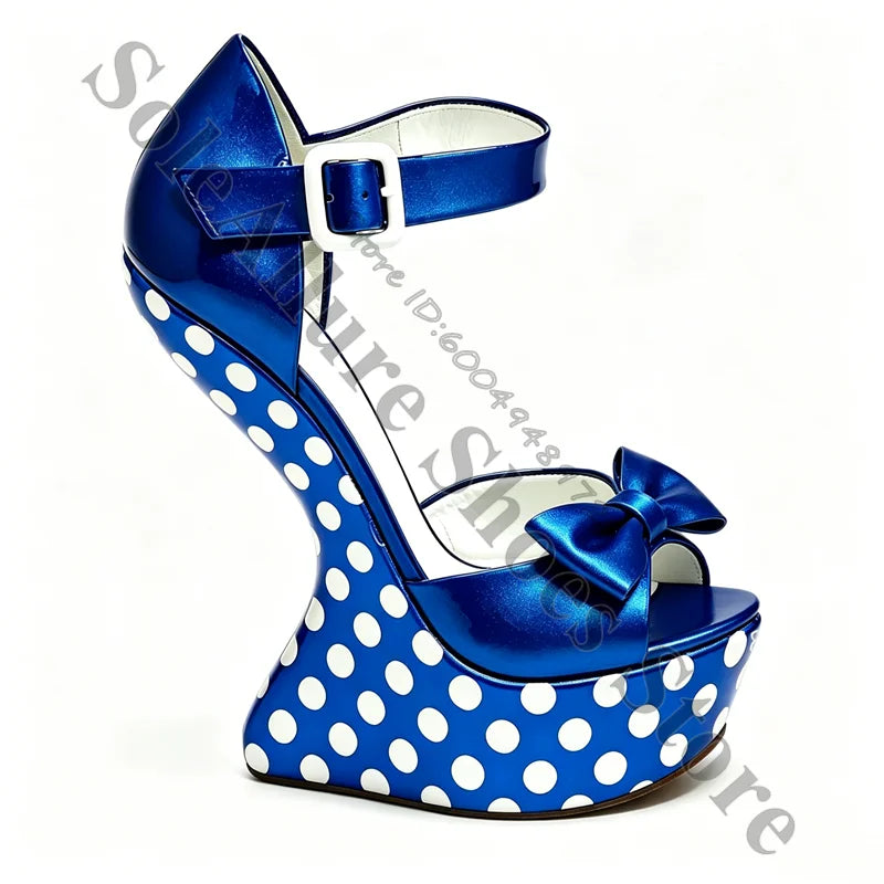 Glossy Polka Dot Buckle Strap Wedge Platform Sandals For Women