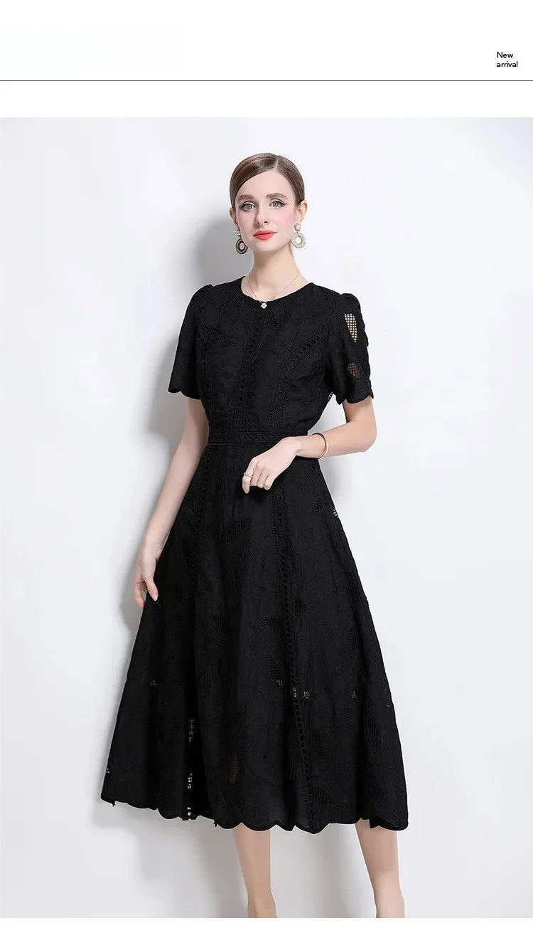 Elegant Lace Sleeve Midi Dress Women's round Neck Gored Skirt Short Sleeve Slimming Summer New Style Vintage High-End Feeling