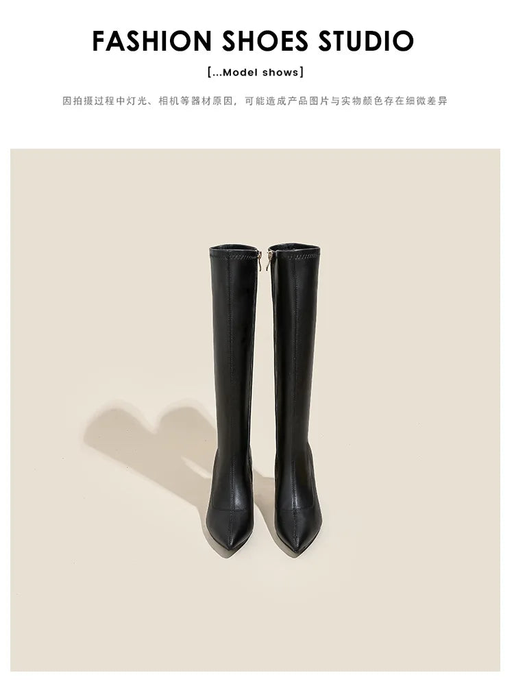 Patent Leather Pointed Knee High Boots