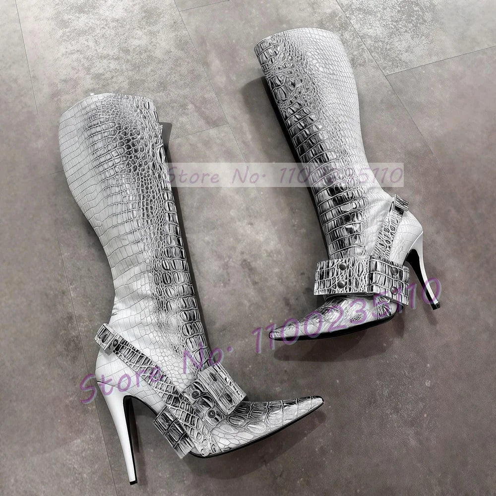 Black And White Gradient Pointy Toe Knee High Boots For Women