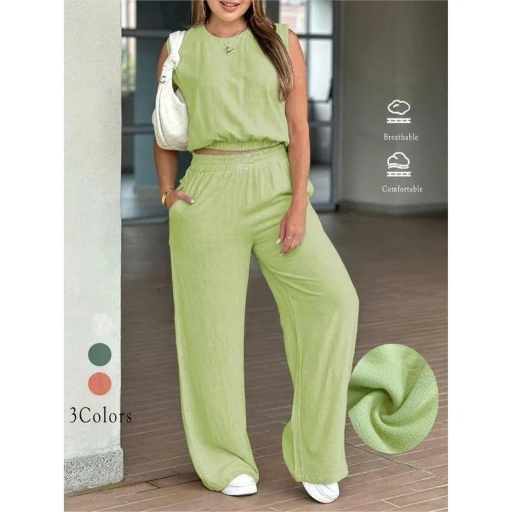 Casual Summer Sleeveless Wide-Leg Two-Piece Set for Women