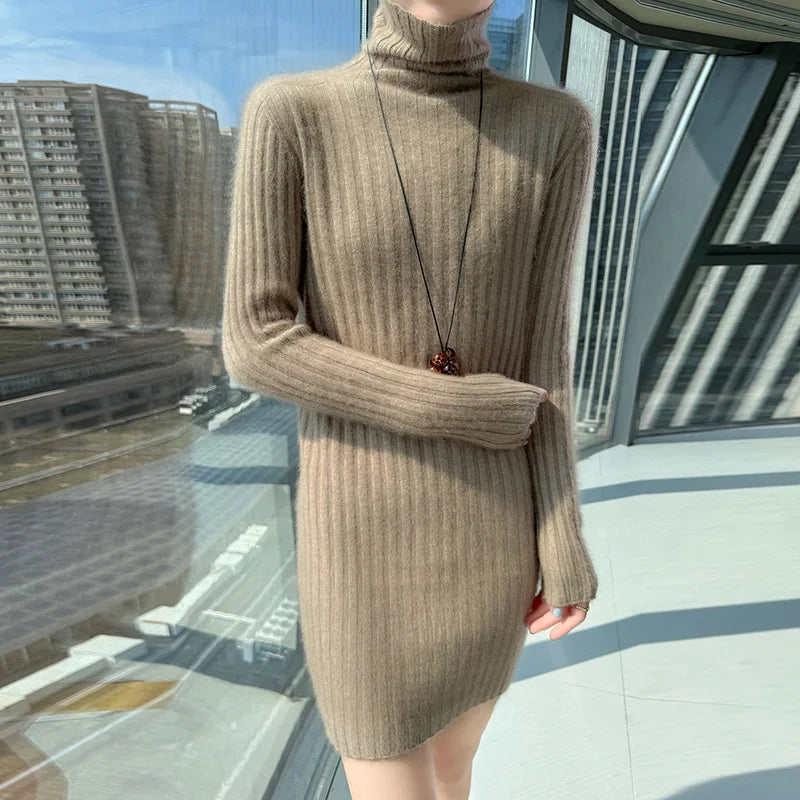 High Neck Slim Fit Stretch Knit Mini Dress for Women