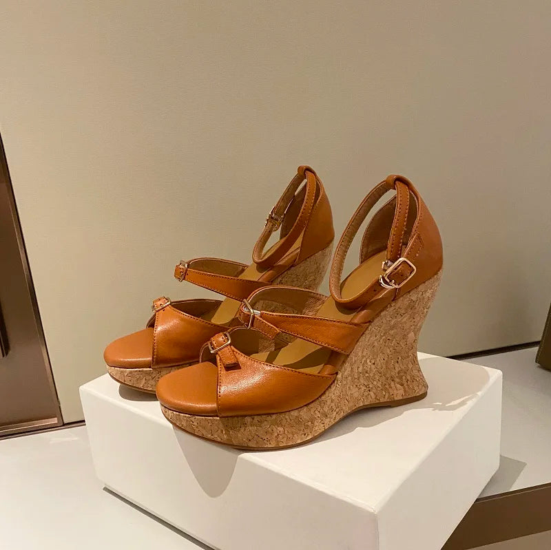 Elegant Apricot Buckle Platform Thick Heel Wedge Sandals for Women