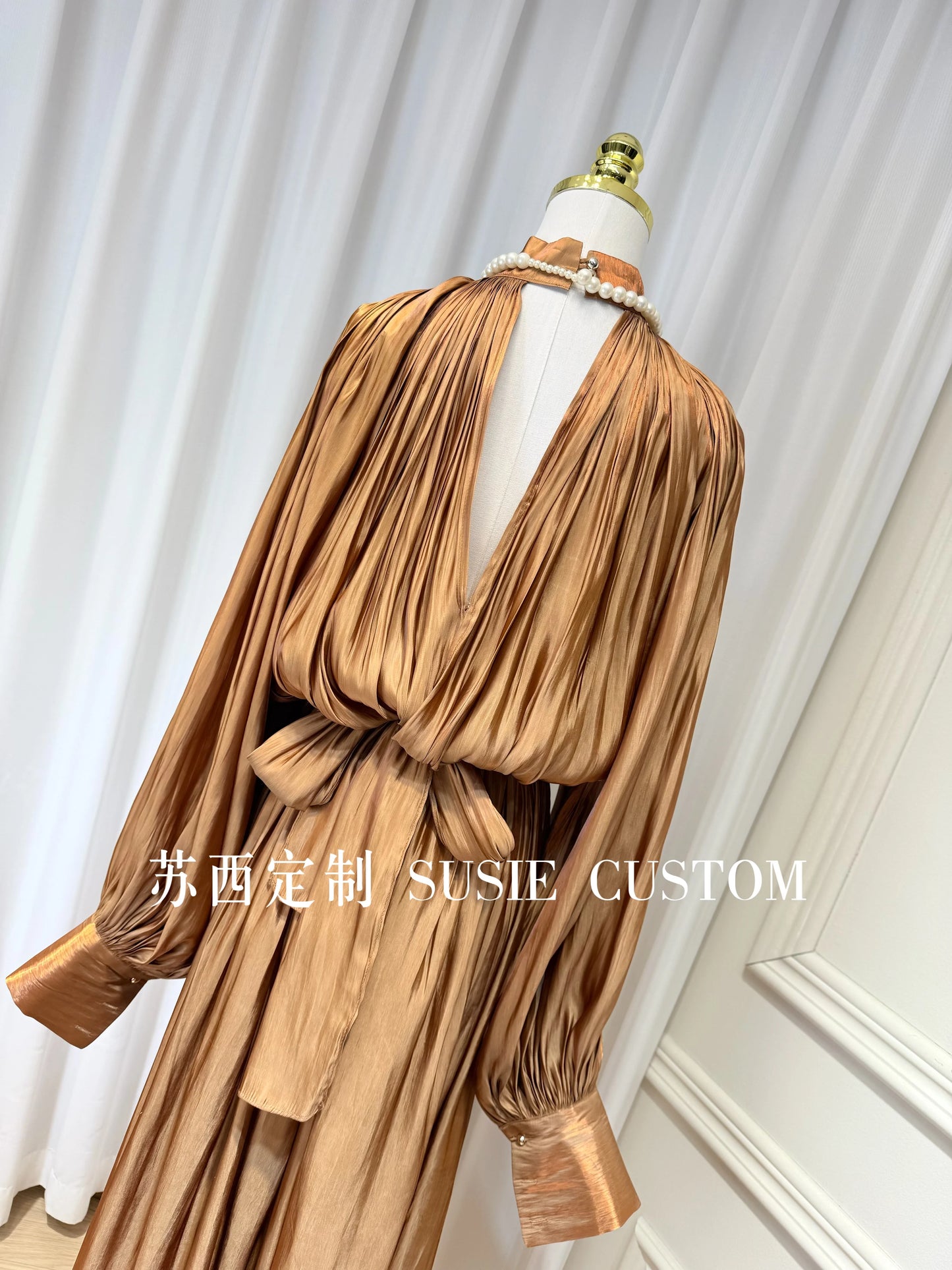 French Retro Palace Stand Collar Pleated Waist Tie Lantern Sleeves Large Swing Long Dress High Waist Elegant Vacation Dress