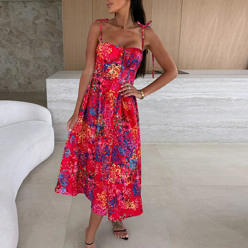 Summer Beach Holiday Dress Women Sleeveless Midi Dresses For Women Elegant A-line Bohemian Dress Women Party Vestidos