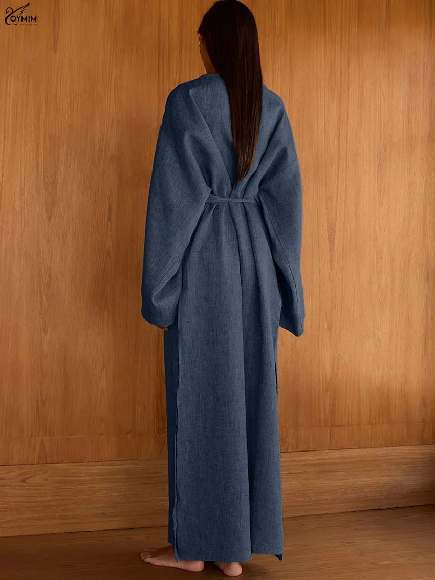 Oymimi Elegant Grey V-Neck Womens Dresses Fashion Long Sleeve Lace-Up Loose Dresses Casual Side Slit Ankle-Length Dress Female