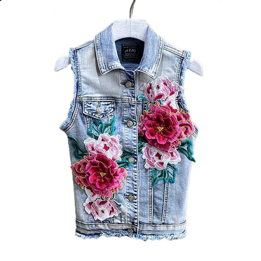 2025 Denim Vest Women's Coat New Heavy Industry Three-dimensional Embroidery Flower Shoulder Slim Fitting Vest