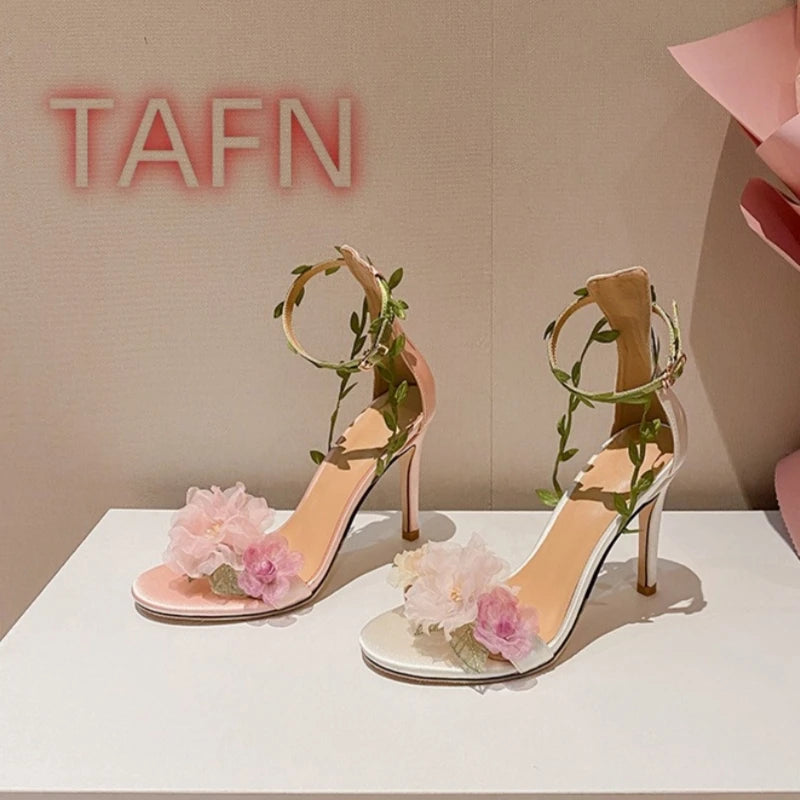 Floral Ankle Strap Open Toe Stiletto Sandals for Women