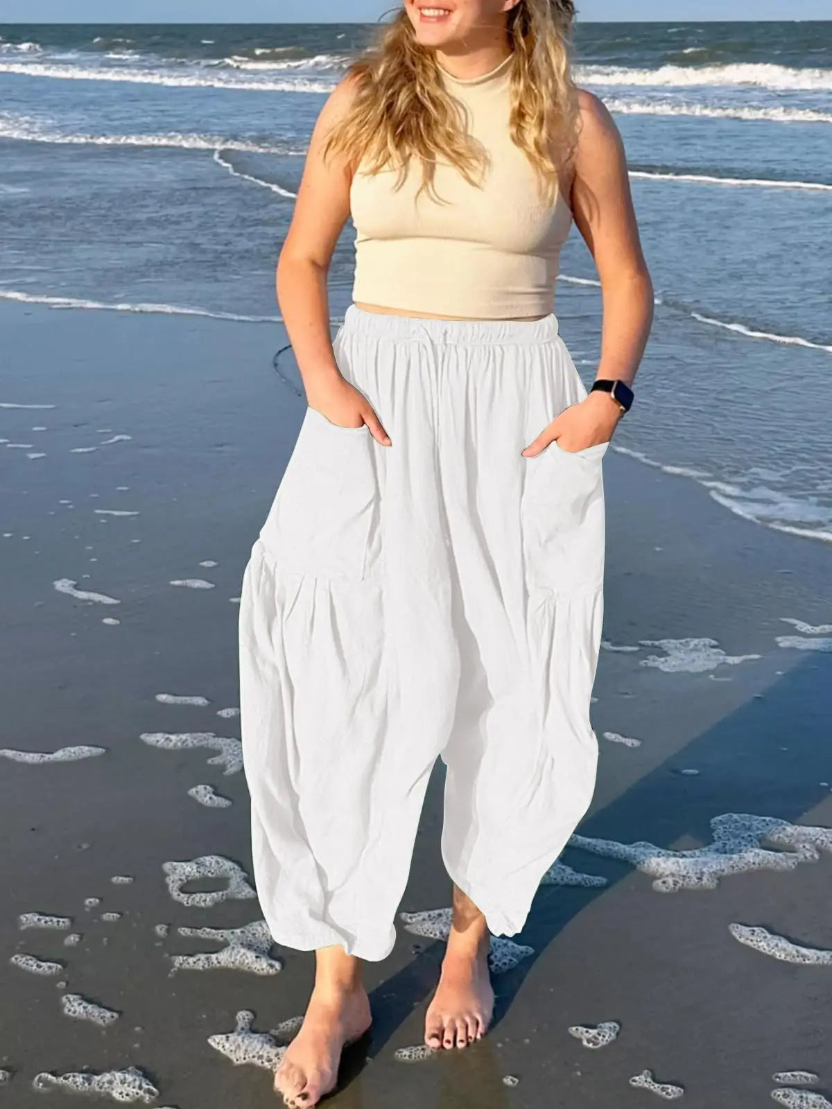 Loose Wide Leg Pants Women's Clothing Elastic Waist Pleated High Waist Casual Cotton Linen Solid Color Trousers Pants