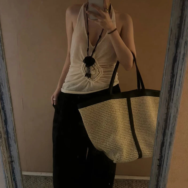 New Brand Woven Women's Tote Bag Large Capacity Splice Versatile Woven Beach Bag Fashion Single Shoulder Straw Bag Underarm Bag