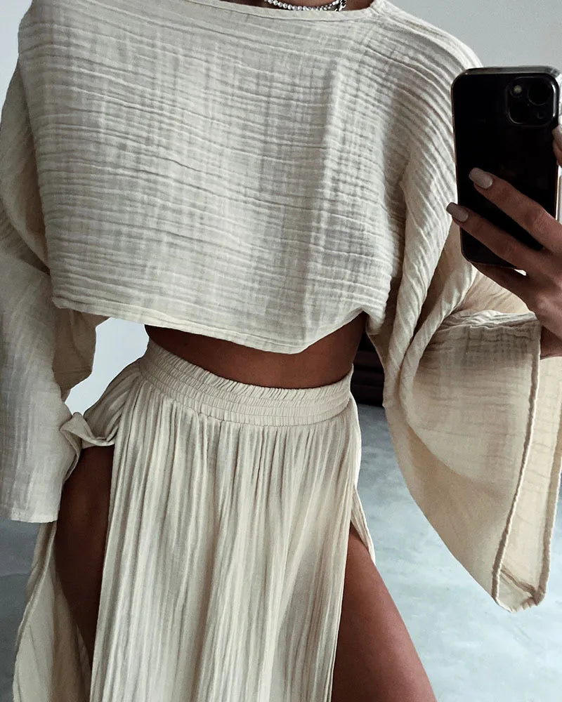 Casual Cotton Linen Blend Two Piece Skirt Set for Women