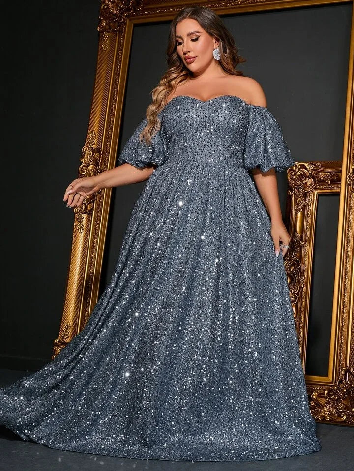 Plus Size Off-Shoulder Gray Silver Short-Sleeved Luxury Bridesmaid Evening Dress Banquet Bigsize Long Dress For Women 4xl 5xl