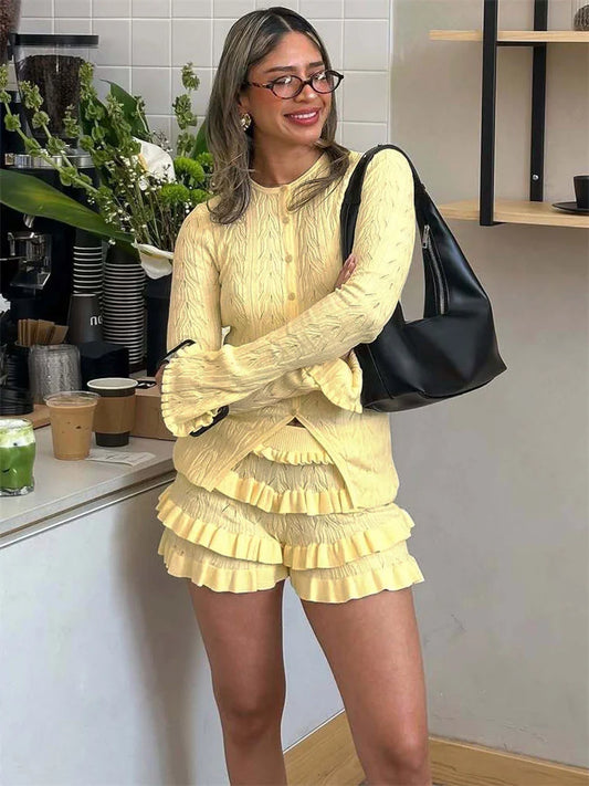 Tossy Summer Knit Ruffled 2 Piece-Set Shorts Female Patchwork Slim Casual Long Sleeve Sweater Cardigan And Women's Shorts Sets