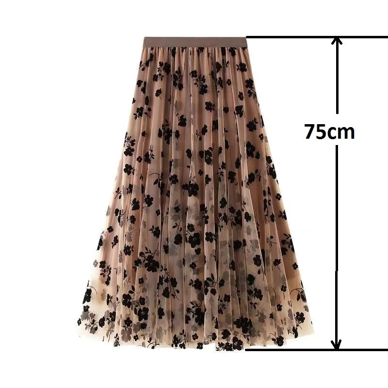 Flocking Floral Pirnted Long Mesh Skirt for Women, High Waist, Max Pleated Tutu, Tulle Skirt, Gauze Skirt, Female, 2025