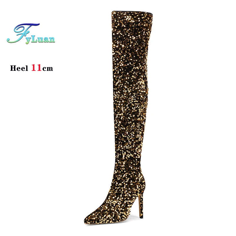 Sequin Pointed Toe Over The Knee Stiletto Boots For Women With Rear Zipper