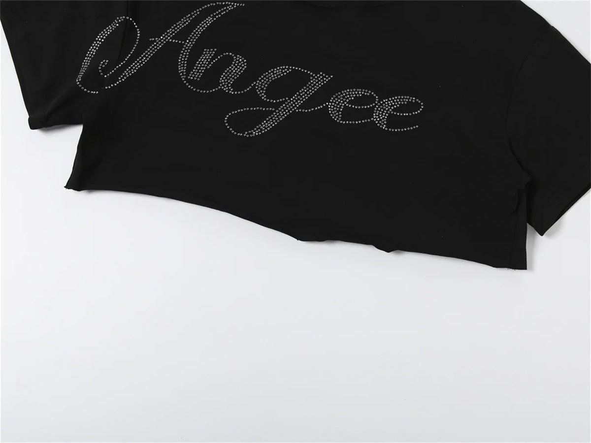 Rhinestone Letter Off Shoulder Cropped Tee for Women