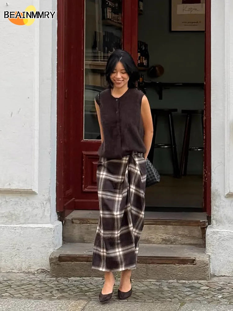 Women Checked Midi Skirt Fashion Casual Pleated Irregular High Waist Slim Mid-length Bottom Lady Daily New Commute Street Skirts