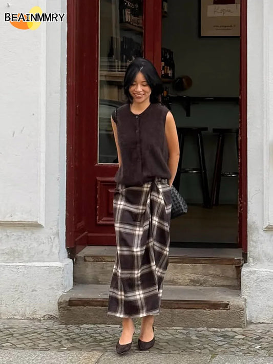 Women Checked Midi Skirt Fashion Casual Pleated Irregular High Waist Slim Mid-length Bottom Lady Daily New Commute Street Skirts