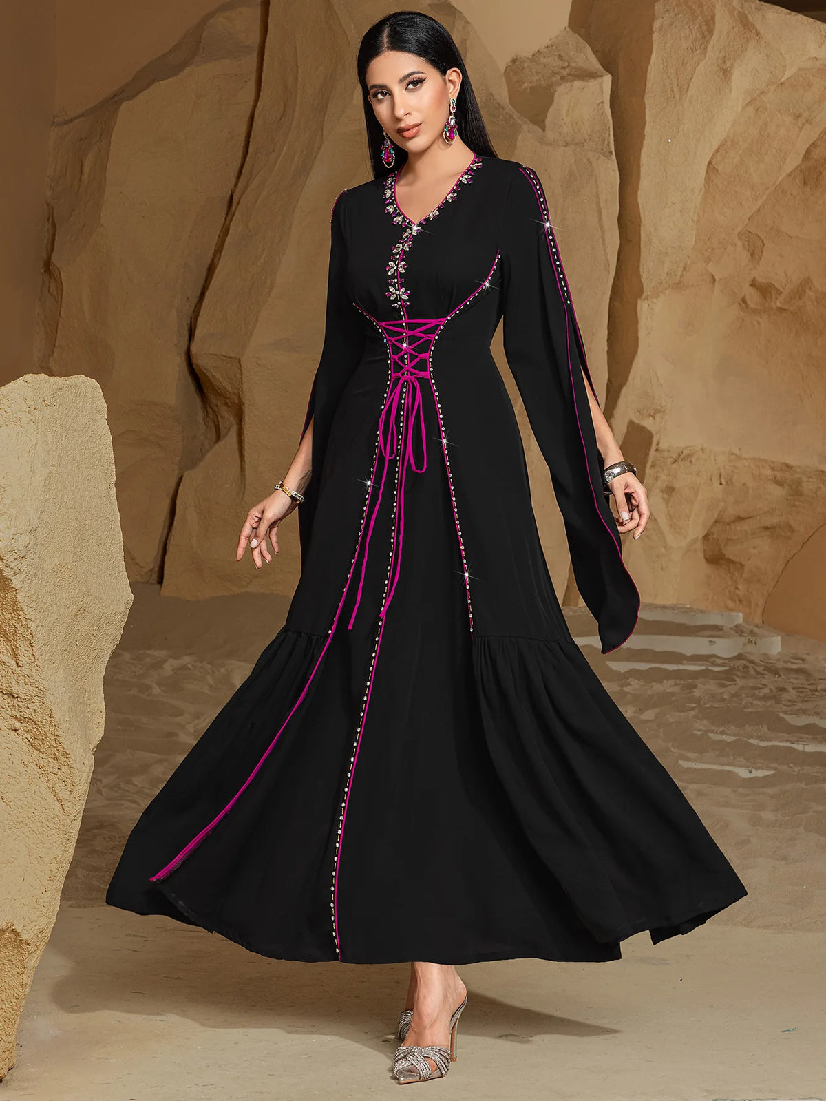 Diamond Embellished Moroccan Kaftan Maxi Dress for Women