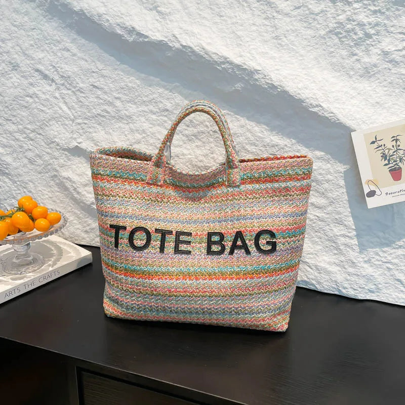Large capacity beach woven bag, colorful striped tote bag, letter contrasting handbag for women