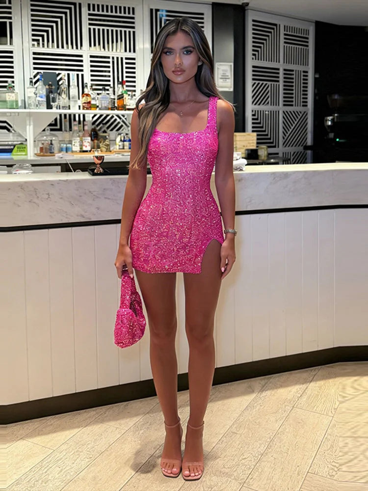 Sleeveless Sequin Mini Dress with High Slit for Women