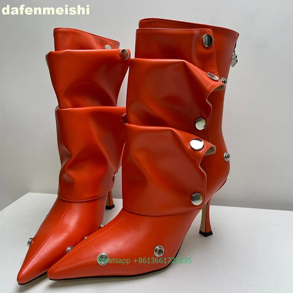 Pleated Stiletto Pointed Toe Leather Ankle Boots With Rivet Buckle For Women
