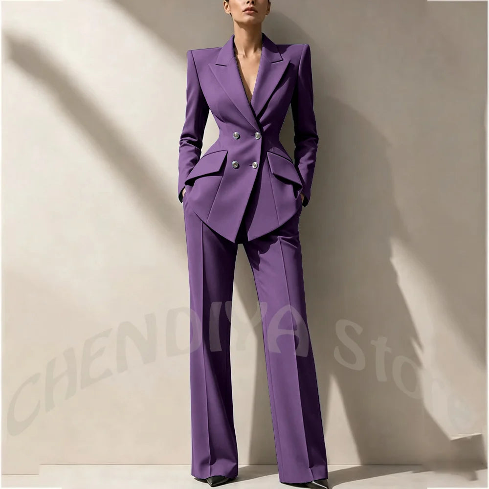 New Arrival Women's Two Piece Suit Peak Lapel Slim Fitted Classic Double Breasted Wedding Guest Evening Gala Party Female Set