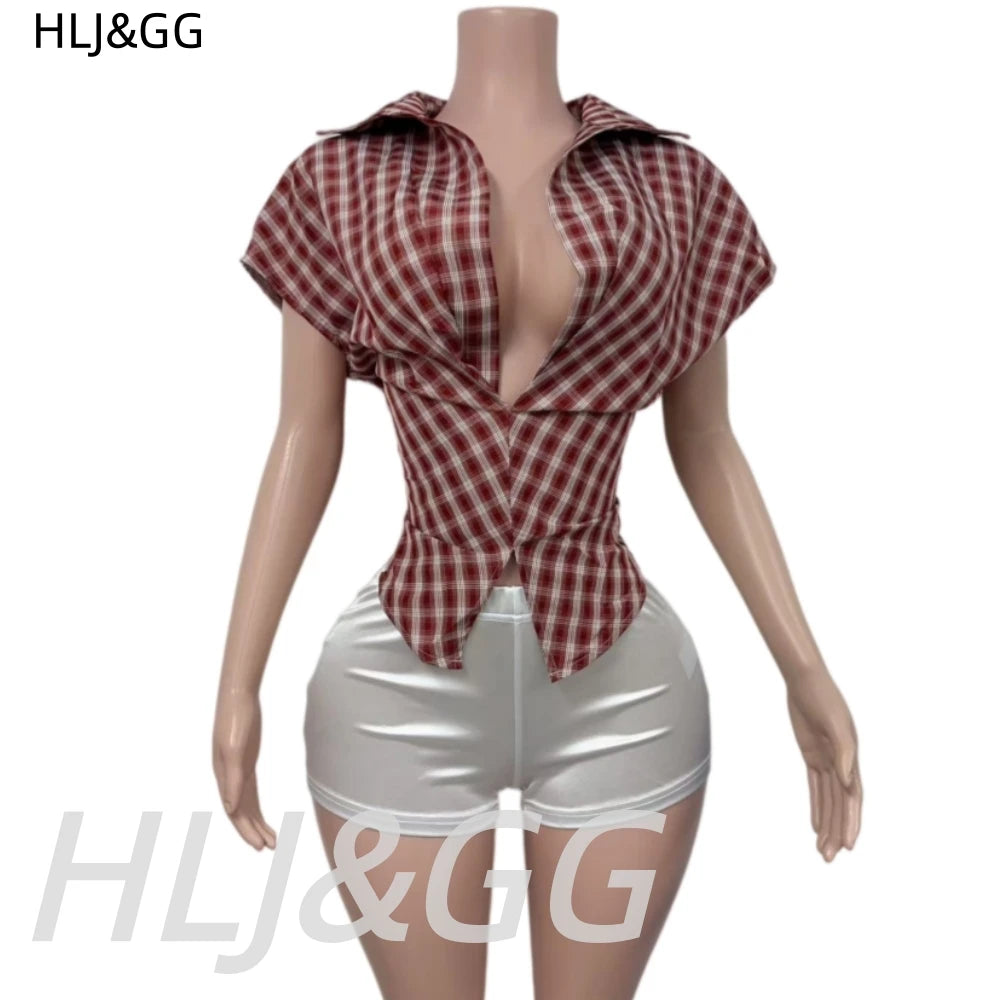 Plaid Print Deep V Neck Sleeveless Hollow Two Piece Set for Women