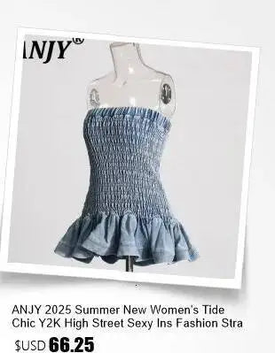 ANJY Summer New Women's Tide High Street Y2K Chic Trendy Sleeveless Halter Neck Backless Waist Cinching Zipper Denim Dress A8053