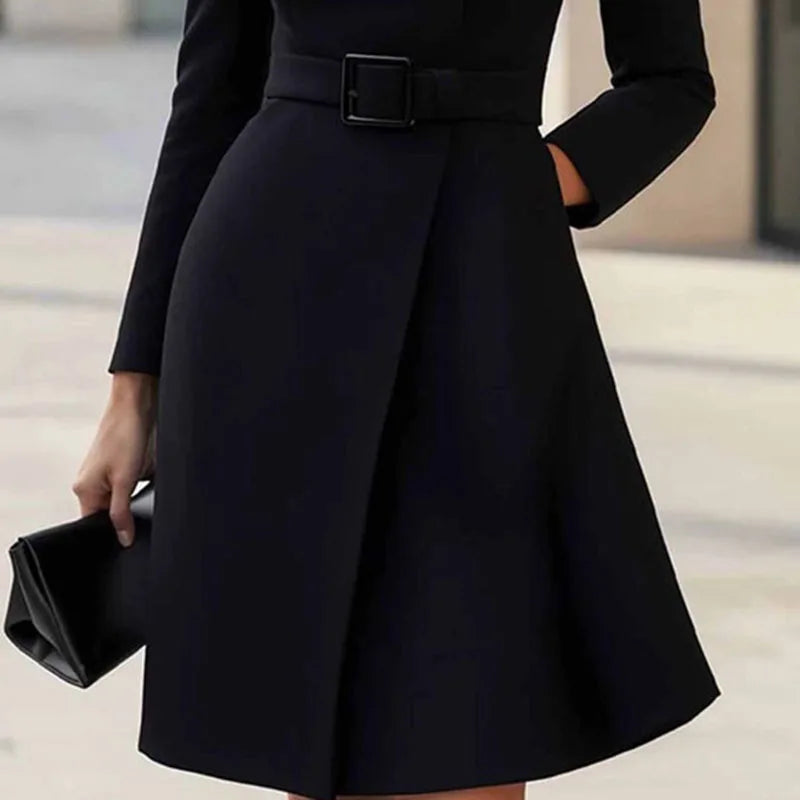 Elegant Turtleneck A-Line Office Dress With Pockets for Women
