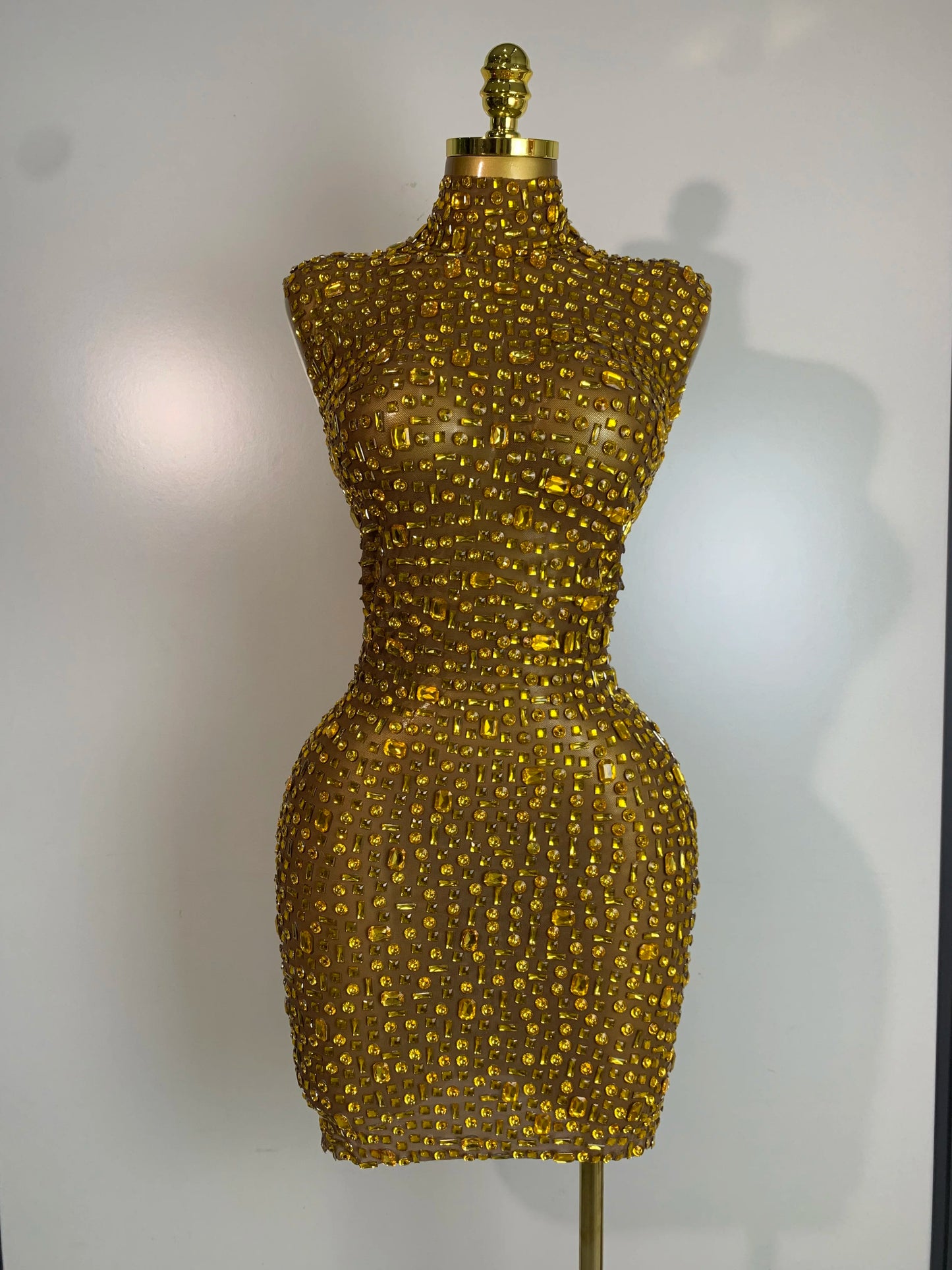 Women Luxury Gold Rhinestone Sexy Mesh Short Dress Sparkly Stage Costume Elegant Party Birthday  Dresses Nightclub Singer Outf