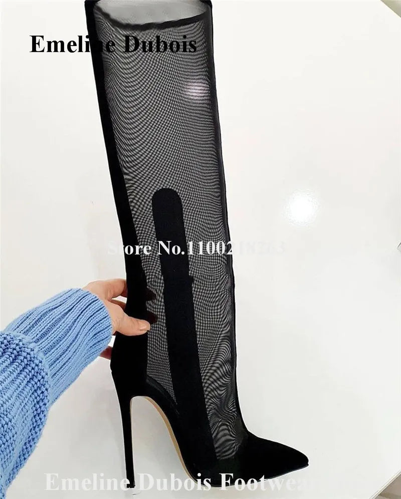 Black Mesh Patchwork Knee High Stiletto Boots for Women