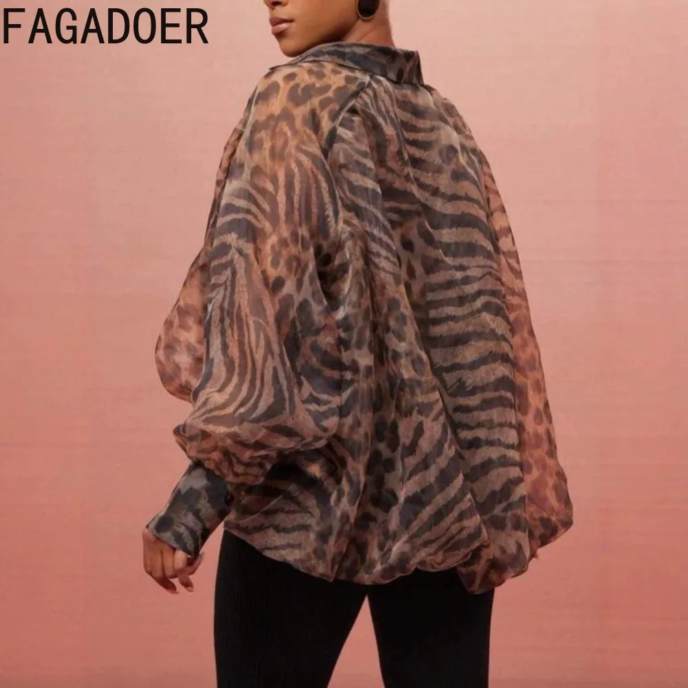 Leopard Print V Neck Batwing Sleeve Blouse for Women