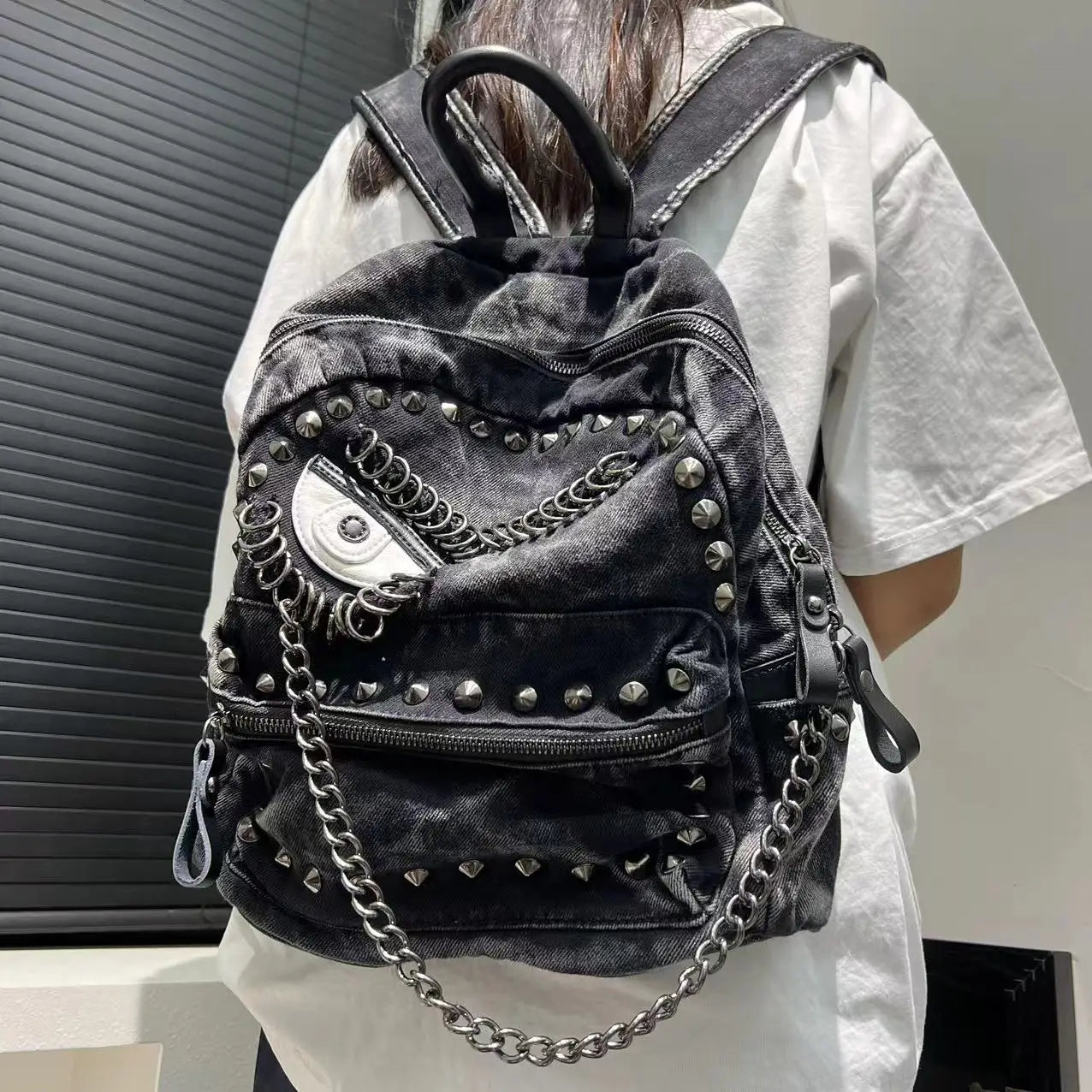 Steampunk Denim Backpack with Chain Details for Women