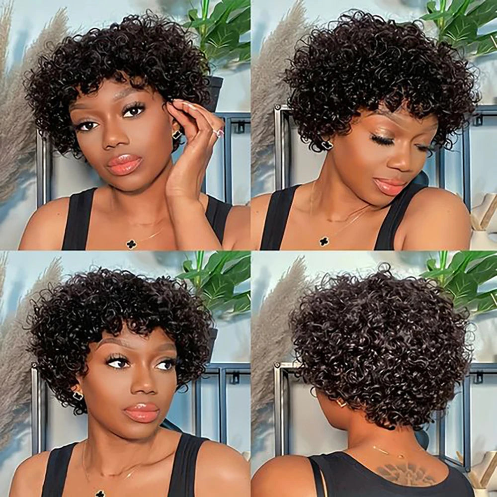 Short Curly Human Hair Wig With Bangs Afro Wig None Lace Front Human Hair Wigs for Black Women 180% Density Kinky Curly Wigs