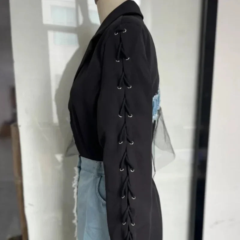Stylish Patchwork Denim Mini Dresses Lace Deep V-neck Jacket Sexy Irregular Casual-chic Sexy Edgy Top Designers Streetwear