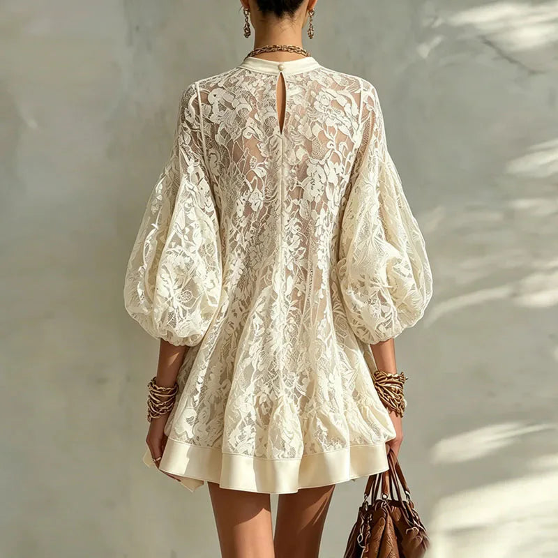 Floral Lace Puff Sleeve Boho Ruffle Mini Dress for Women